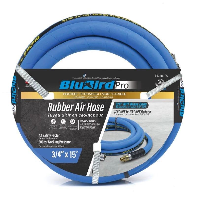 BLUBIRD BB3415 3/4" x 15' Rubber Air Hose, 100% Rubber, Lightest, Strongest, Most Flexible, 300 PSI, 50F to 190F Degrees, Ozone Resistant, High Strength Polyester Braided - Image 1